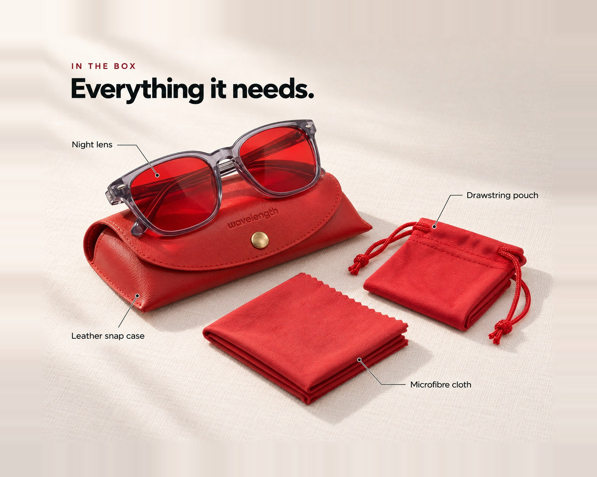 Everything in the Night Lens box: the Night lens, red leather snap case, drawstring pouch and microfibre cloth