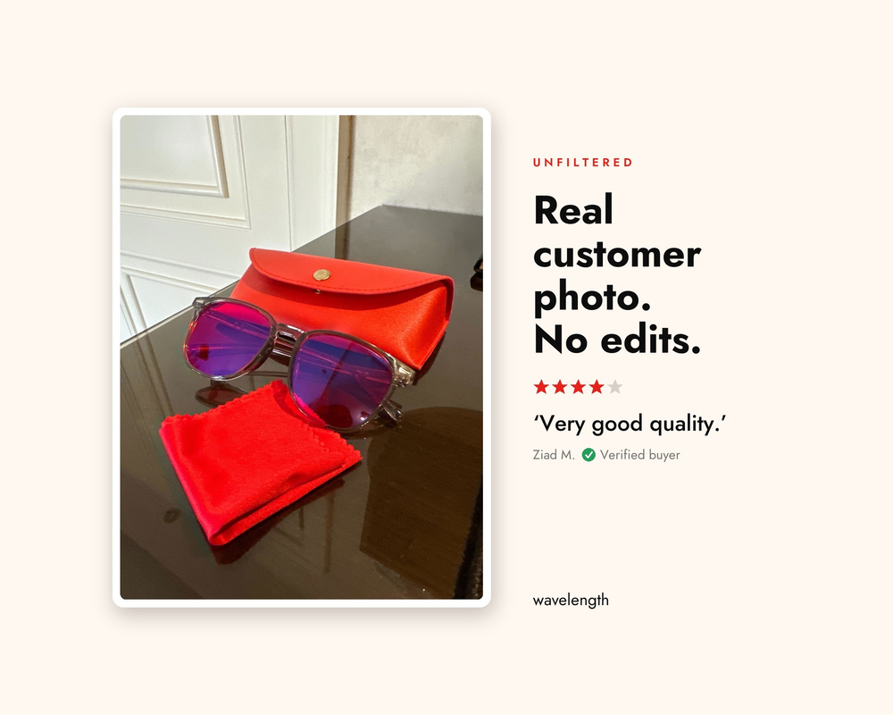 Real unedited customer photo of the Night Lens with its red case and cloth