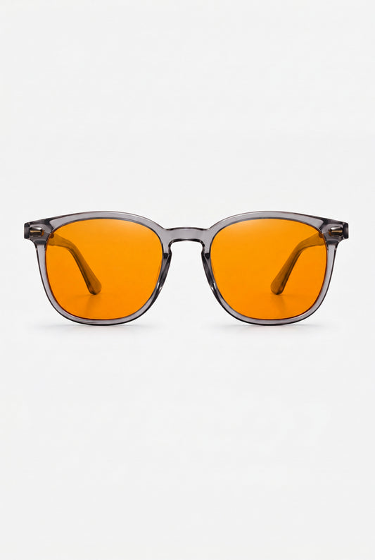 Wavelength Evening Lens — orange-tint blue light glasses, front view on white