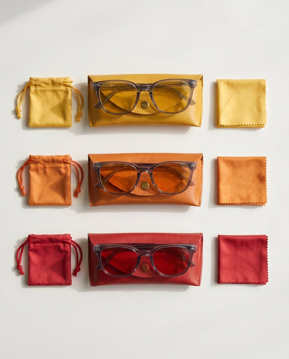 Wavelength 3-Lens Set — Day, Evening and Night glasses, each with a colour-matched case, pouch and cloth