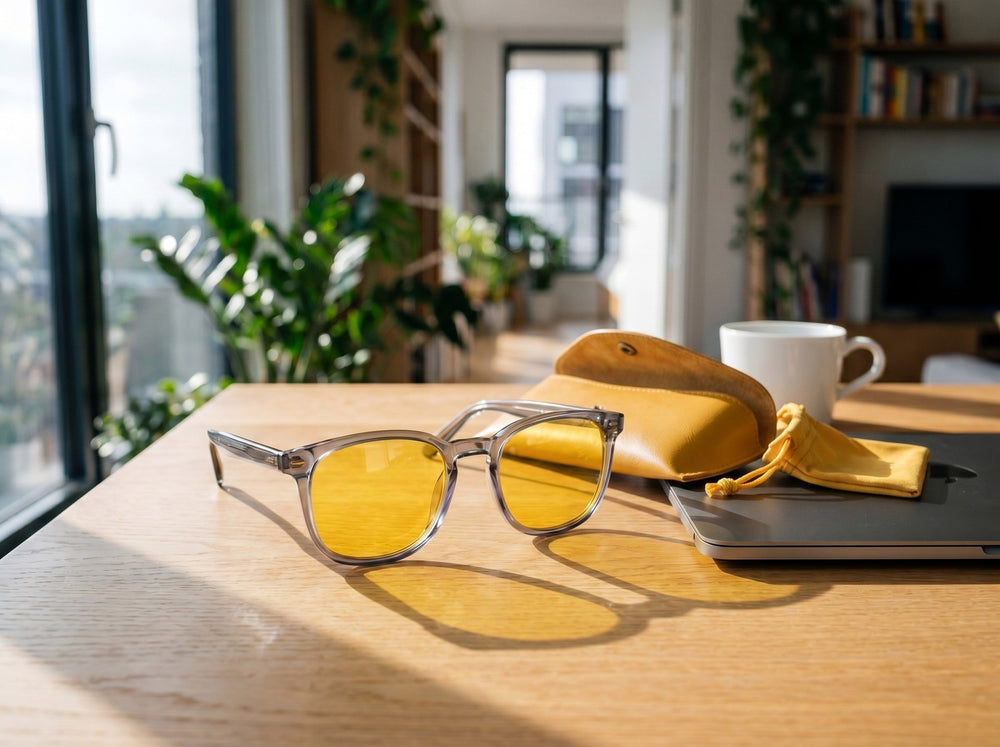 Wavelength Day Lens with leather case on a sunlit desk