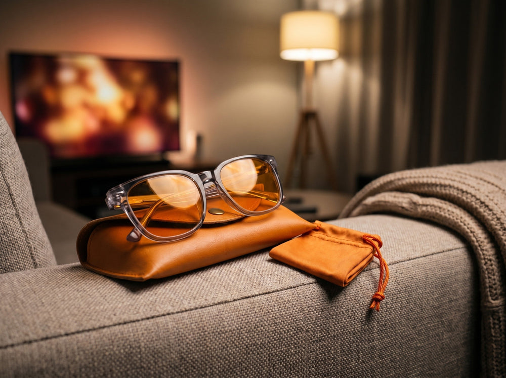 Wavelength Evening Lens on its leather case on a sofa armrest
