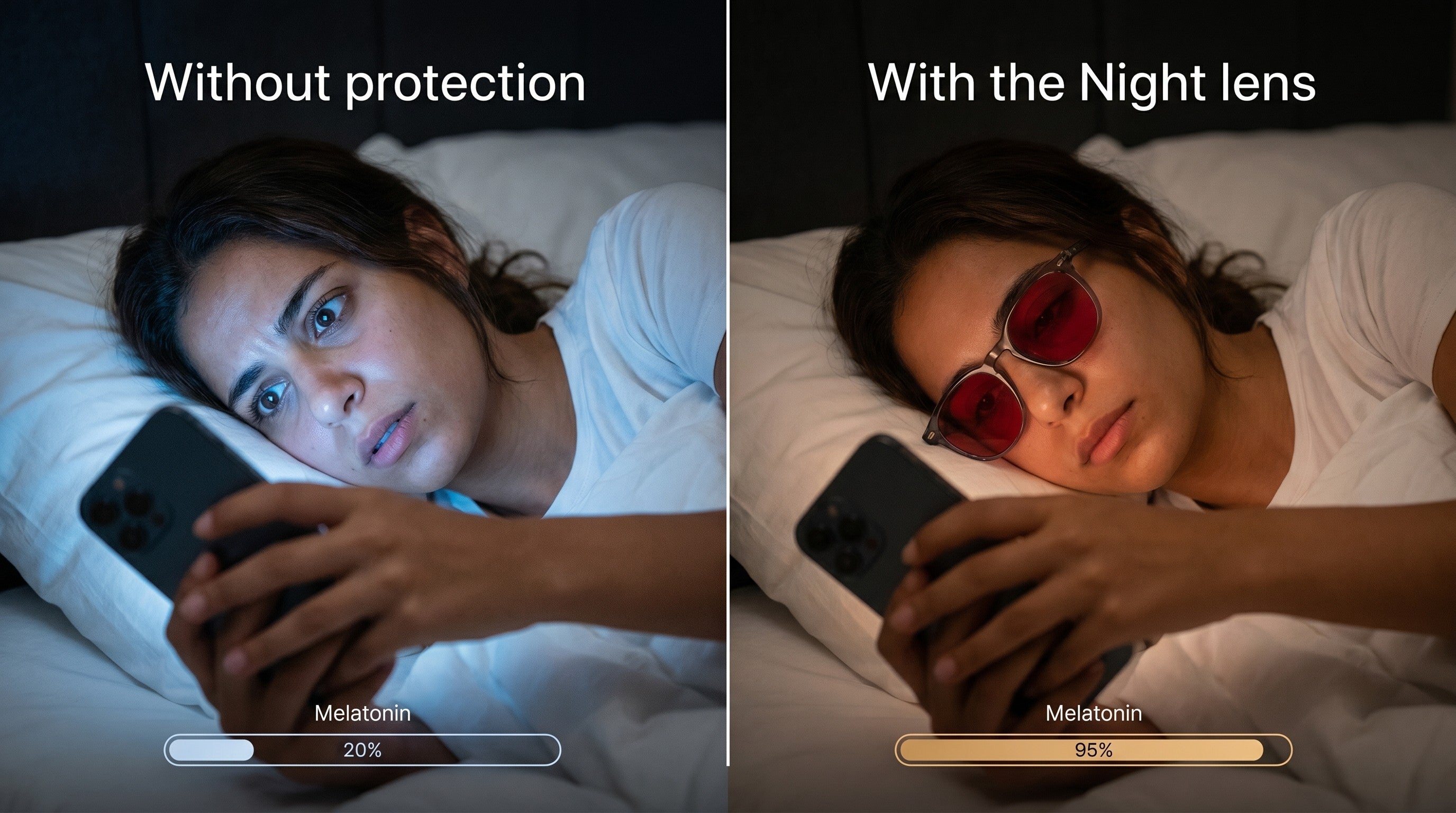 Melatonin comparison - scrolling at night with and without the Wavelength Night Lens