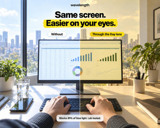 A work screen in daylight, half normal and half seen through the yellow Day Lens
