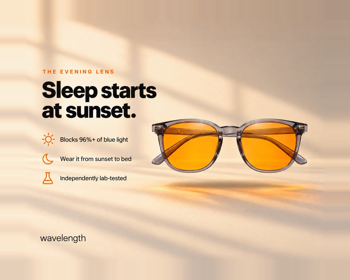 Wavelength Evening Lens: sleep starts at sunset. Blocks 96%+ of blue light, worn from sunset to bed, independently lab-tested