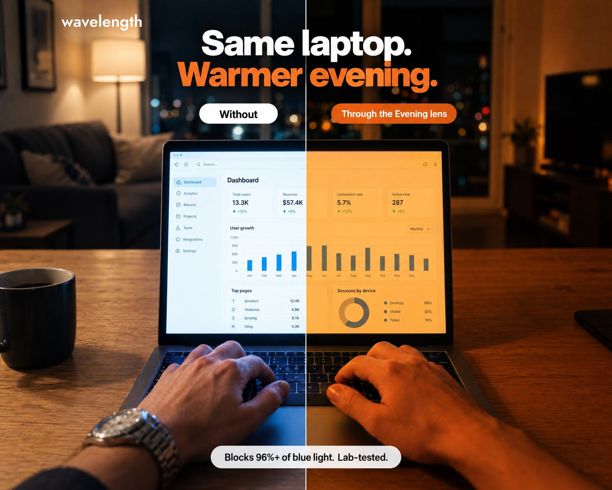 A laptop at night, half normal and half seen through the orange Evening Lens
