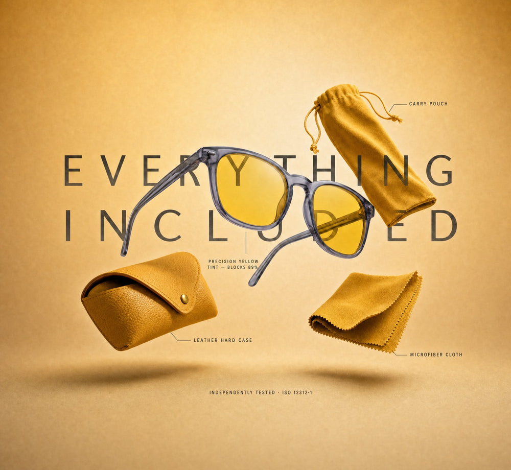 Everything included with the Day Lens — lens, leather case, pouch and cloth