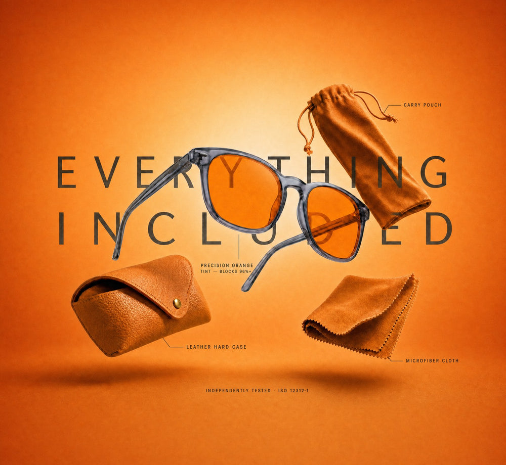 Everything included with the Evening Lens — lens, leather case, pouch and cloth