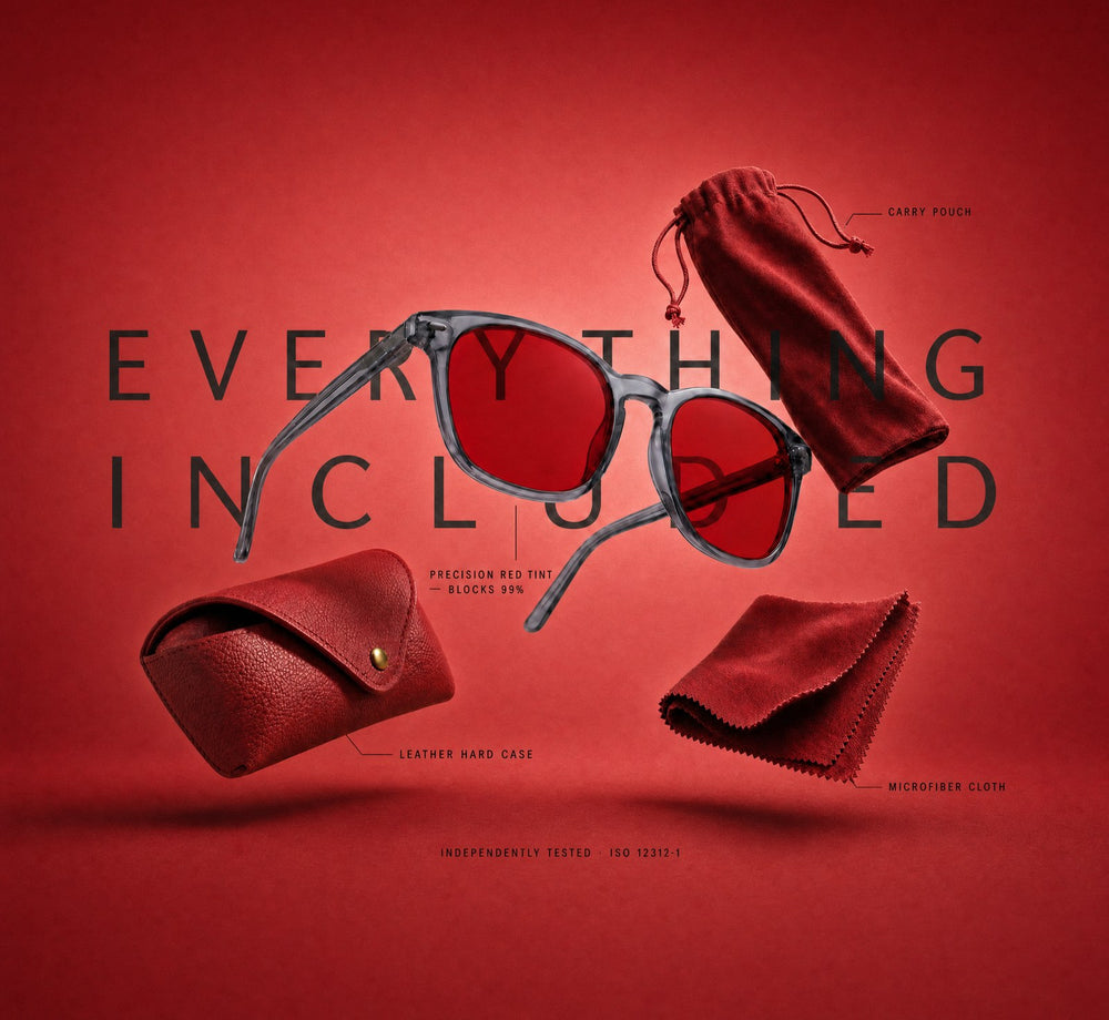 Everything included with the Night Lens — lens, leather case, pouch and cloth