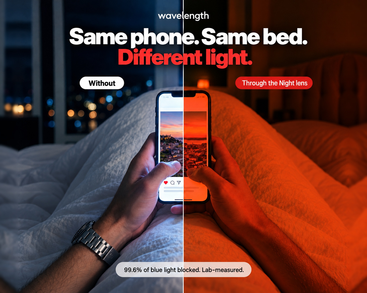 A phone in bed at night, half normal and half seen through the red Night Lens