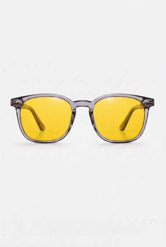 Wavelength Day Lens — yellow-tint blue light glasses, front view on white